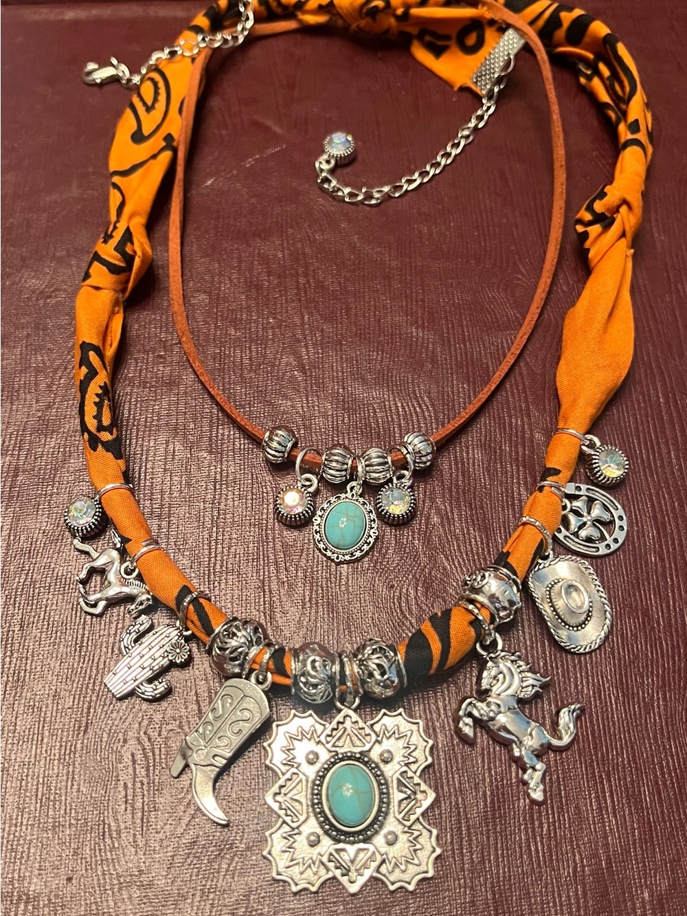 Turquoise Pendant Layered Necklace - Terracotta Silver Charm Statement - Picture 6 of 7